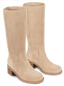 Wide Calf Nude Knee High Campus Boots For Women, Square Toe Chunky Block Low Heel Vintage Long Boots For Holiday - Khỏa thân - Xem 2