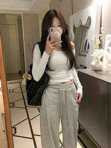 Women's Solid Color Oblique Collar Long Sleeve Fitted Casual T-Shirt, Spring/Summer/Autumn White - White - View 3