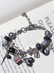 1 chiếc vòng tay hạt charm hình quả anh đào 8 bóng màu đen, vòng tay hình cô gái ngôi sao, vòng tay số 777 của quỷ, vòng tay hình ngôi sao và trái tim cổ điển thời trang - Bạc - Xem 4
