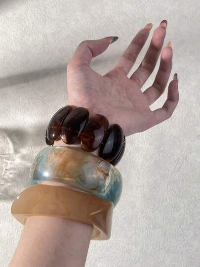 1pc Vintage Minimalist Style Resin Bracelet, Milky Tea Color Asymmetrical Bracelet, Seaweed Blue Resin Bracelet, Amber Elastic Bracelet, Suitable For Daily Wear And Parties, Unique Round Geometric Bracelet, Elastic Stacking Bracelet