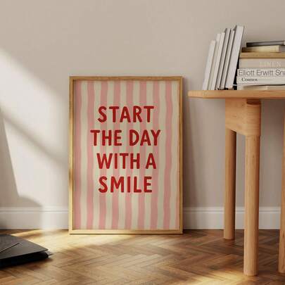 1pc Frameless Striped Motivational Poster, Pink & Cream Background With Bold Red "Start Your Day With A Smile" Quote, Retro Inspirational Wall Art For Bedroom, Dorm, Living Room.Room Decor, Funkyposters, Positive Affirmation, Prints For Wall, Dorm Essentials, Cheerful Gift