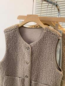 YUXIN 秋冬季女士必备单品！柔软仿羊羔绒无袖开衫背心，配有双口袋，超级保暖，日常百搭。 - 駝色 - 查看 7