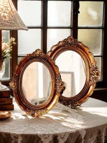 1pc Retro Oval Shaped Decorative Mirror, Antique Brass Color, Vintage Palace Style, Resin Frame, Suitable For Vanity, Jewelry Storage, Photography Props And Decoration