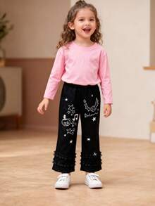 Girls' Cartoon Print Straight Pants, Children's Halloween Clothes With Bat & Pumpkin Pattern, Suitable For Spring And Autumn