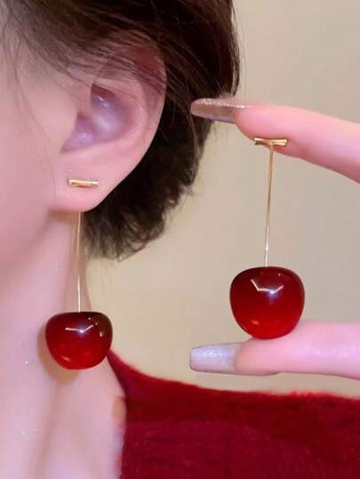 1 Pair Acrylic Cherry Shaped Earrings For Women, Resin Fruit Style Earrings, Fresh Sweet Elegant Personalized Jewelry, Suitable For Party, Wedding, Work, School, Office, Daily Wear