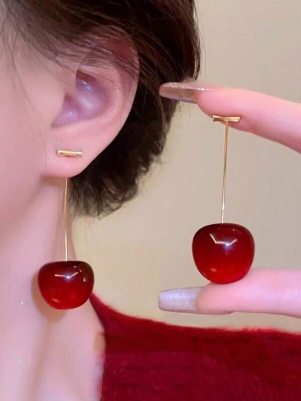 1 Pair Acrylic Cherry Shaped Earrings For Women, Resin Fruit Style Earrings, Fresh Sweet Elegant Personalized Jewelry, Suitable For Party, Wedding, Work, School, Office, Daily Wear