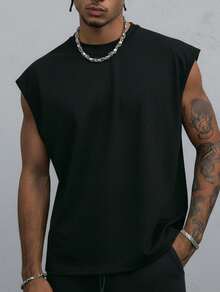 Men's Oversized Tank Top 100% Cotton Plain Basic Oversized Blouse Sleeveless T-Shirt Streetwear Cool - 黑色 - 查看 3
