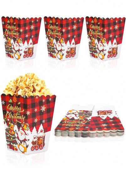 10pcs/20pcs/50pcs Christmas And Holiday Buffalo Plaid Party Favor Popcorn Treat Boxes Santa Reindeer Design Merry Christmas Popcorn Boxes Treating Candy Cookie Treat Box For Christmas Theme Birthday Party Decorations Favors