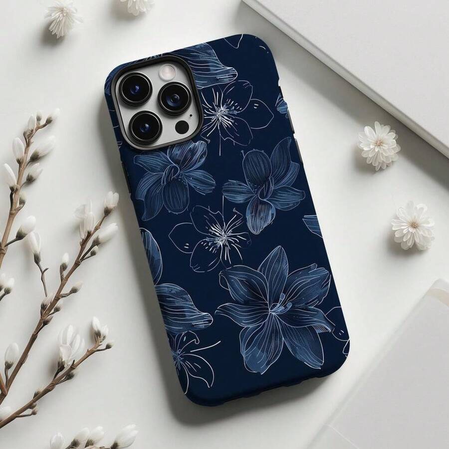 Navy Blue Floral Aesthetic Phone Case Cover For IPhone, Phone Cover For IPhone 16 15 14 13 12 - White - View 1