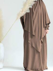 1 Set de Hiyab musulmán de doble capa elegante con buena privacidad, suave y cómodo + Vestido musulmán con diseño de manga elástica, Abaya clásica y versátil (Vestido + Hiyab)