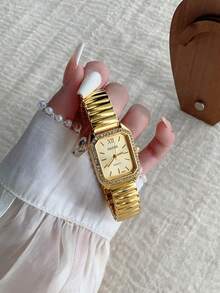 1pc Women's Luxury Black Quartz Watch With Black Strap Suitable For Daily Matching