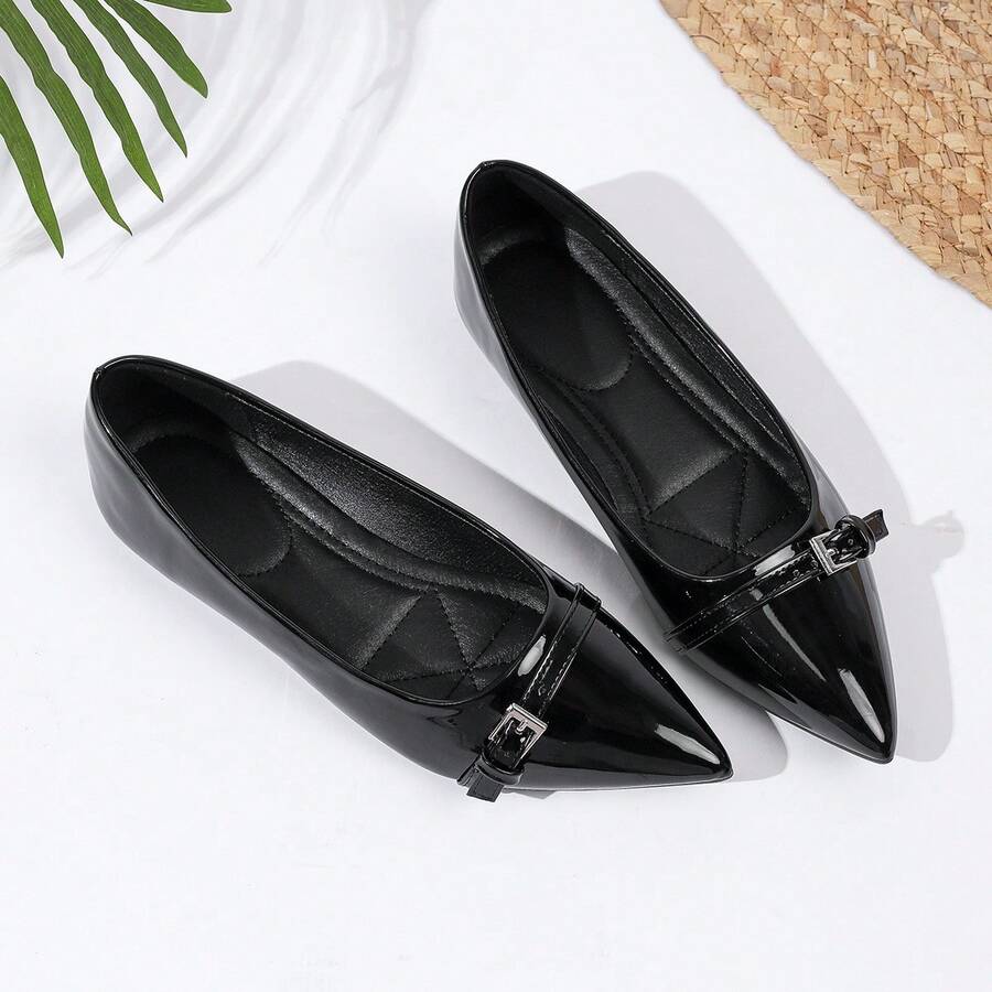 JiaYunNvXie 2025 Spring/Autumn New Work Mary Jane Shoes With Metal Chain, Pointed Toe, Low Vamp, Plus Size Women's Shoes