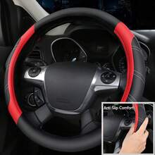 NBTEPEM Leather Steering Wheel Cover And Waterproof Car Floor Mats,Microfiber Universal Car Combo Fit For 95% Sedan,SUV,Cars,14.5-15inch Sporty Anti-Slip Safety Comfortable Design - Black and Pink - 查看 5