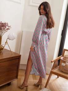 Women's Elegant Satin-Like Siamese Pattern Allover Print Long Sleeve Dress - All-Over Elegant High Slit To Thigh Front Button Closure, Suitable For Daily Dates, Parties, Vacations, Afternoon Tea, And Formal Occasions