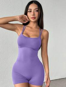 Summer Casual Solid Color Sleeveless Sports Romper - Purple - View 3