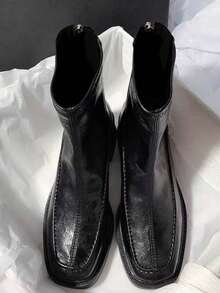 秋冬弹力踝靴，新款通勤风格皮革方头粗跟后拉链紧身靴，优雅 - 黑色 - 查看 3