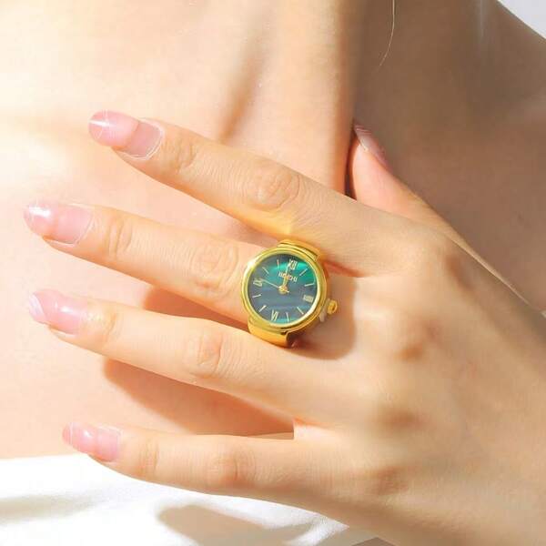 1pc Elegant Quartz Ring Watch With Roman Numerals And Green Dial, Adjustable Fashionable Jewelry Suitable For Women's Daily Wear, Outings, Festivals, Valentine's Day, Christmas, Carnival