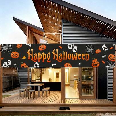 1 件万圣节横幅、南瓜蜘蛛网幽灵图案吊旗背景布、万圣节装饰、不给糖就捣蛋派对用品、鬼屋装饰、户外装饰、家居装饰、万圣节派对装饰、幽灵装饰、秋季装饰