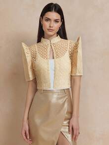 Amyenjoylife 女士现代菲律宾传统上衣，优雅刺绣泡泡袖衬衫，适合优雅风格 - 香檳色 - 查看 4