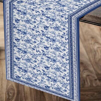 1 Pc Blue Traditional Floral Pattern Table Runners,100% Polyester Durable Long Tablecloths,13*60inch, 13*72inch, 13*91inch Durable Rectangular Table Runners,Perfect For Christmas Party Decorations, New Year's Eve Dinner Decorations, Kitchen And Dining Table Decorations, And Indoor And Outdoor Decorations