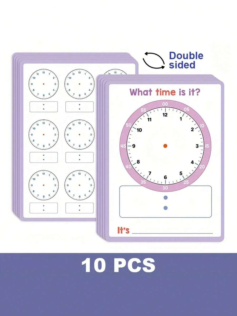 10pcs A4 Time Cognition Learning Writing Children's Clock Practice Sheets, Double-Sided Printing, Reusable - Multicolor - View 1