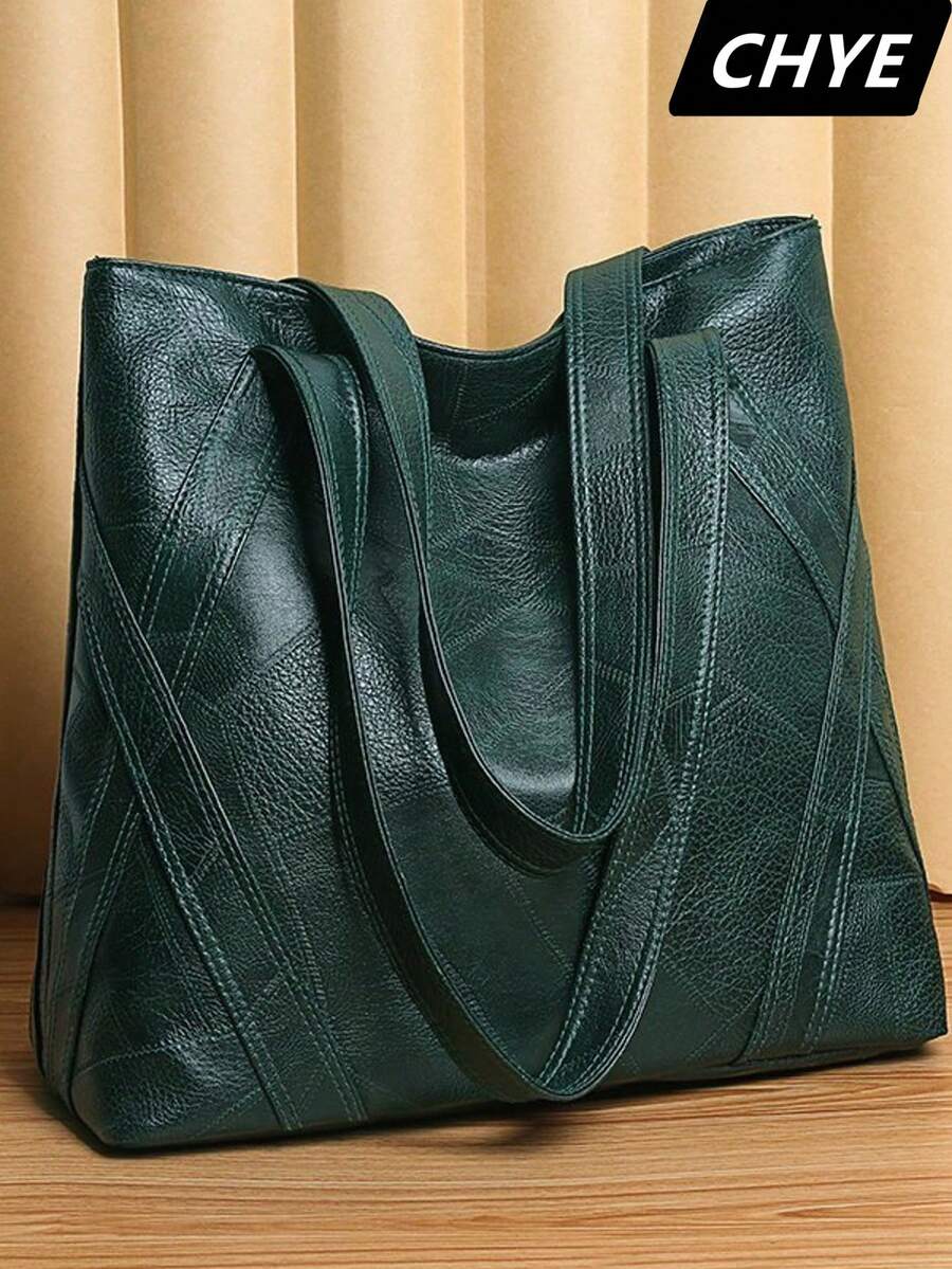 Elegante Tragetasche mit großer Kapazität für Frauen - Weiche synthetische Leder Schultertasche mit sicherem Reißverschluss, stilvollem Muster und festen Trägern in Dunkelgrün/Schwarz - perfekt für den Arbeitsweg und den täglichen Gebrauch