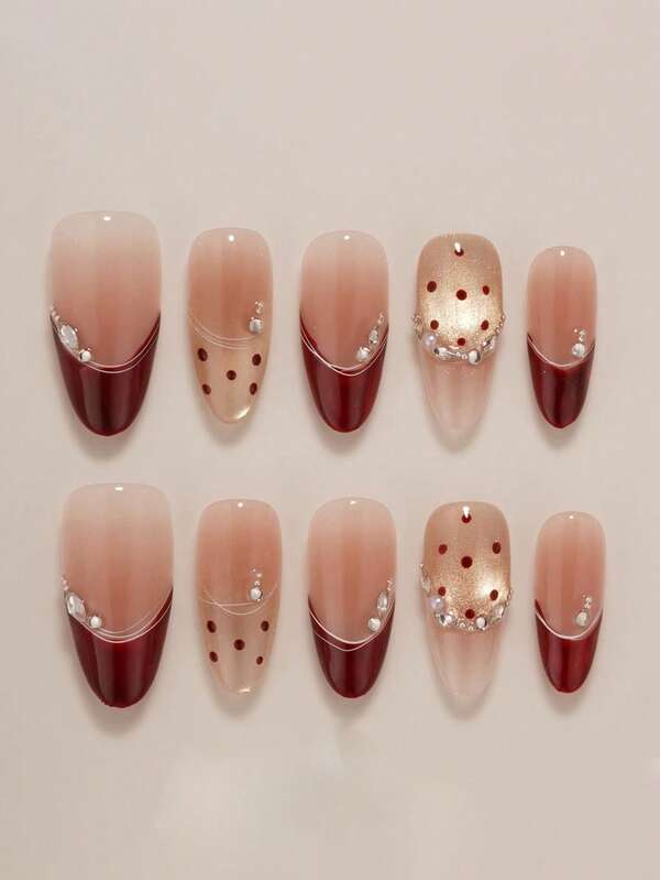 10 pezzi di unghie finte a mandorla lunghe rosse in stile francese Y2K, realizzate a mano, con motivi carini ed eleganti come occhio di gatto e pois, adatte per donne e ragazze, per l'uso in autunno, inverno, feste, Natale e vita quotidiana