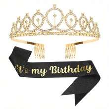 2pcs Birthday Party Decoration Crown Headpiece, It's My Birthday Sash Birthday Gift Party Decoration Party Supplies Set, Suitable For Halloween, Christmas Events And Party Supplies