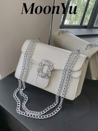 女士单肩包，白色小方包，带水钻锁，Y2K 蝴蝶结斜挎包链条单肩包女士方形钱包，适合日常使用，非常适合音乐节