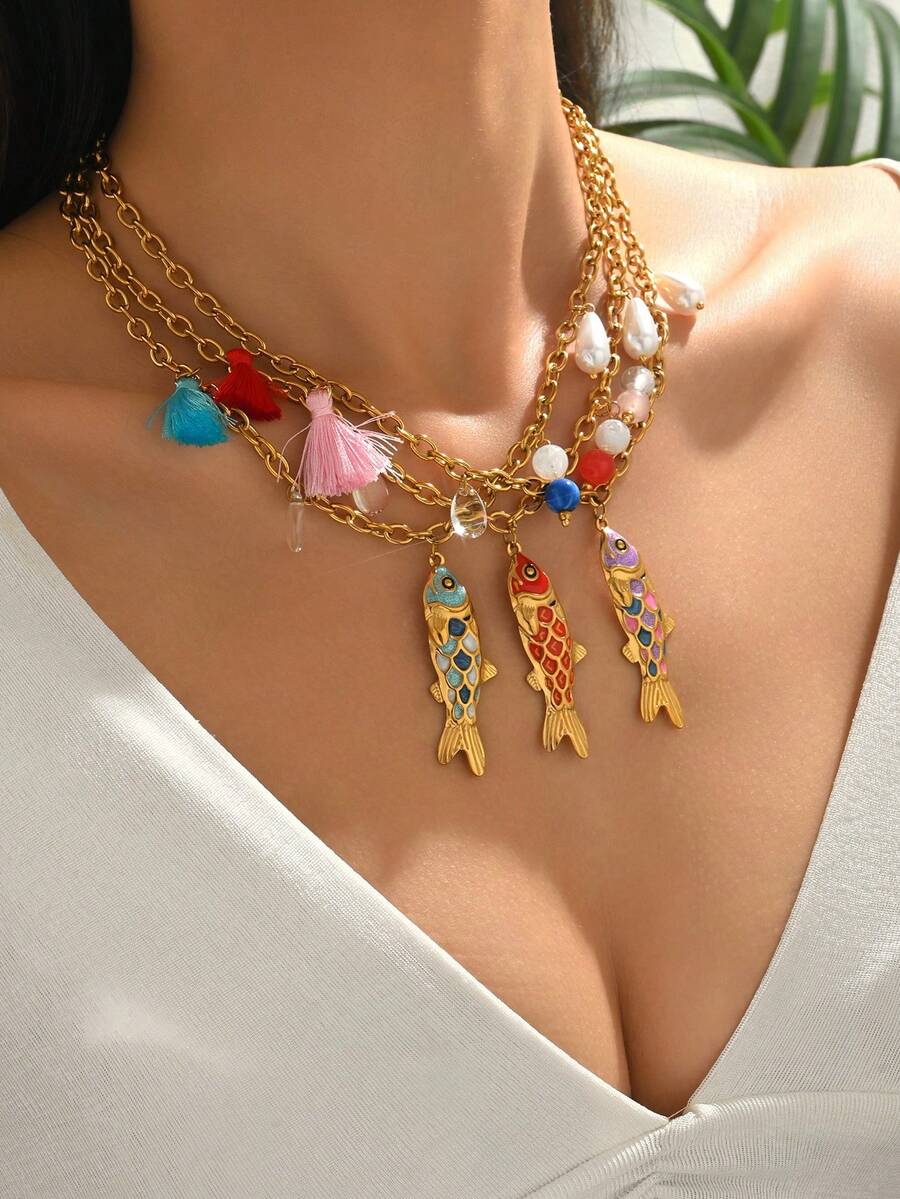 1pc 18K Gold Plated Minimalist Colorful Enamel Small Fish Pendant Stainless Steel Necklace, Suitable For Women's Daily Wear And Gift