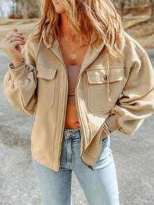 CILKOO Women's Solid Color Drop Shoulder Long Sleeve Zipper Front Hooded Casual Regular Jacket - Khaki - View 5