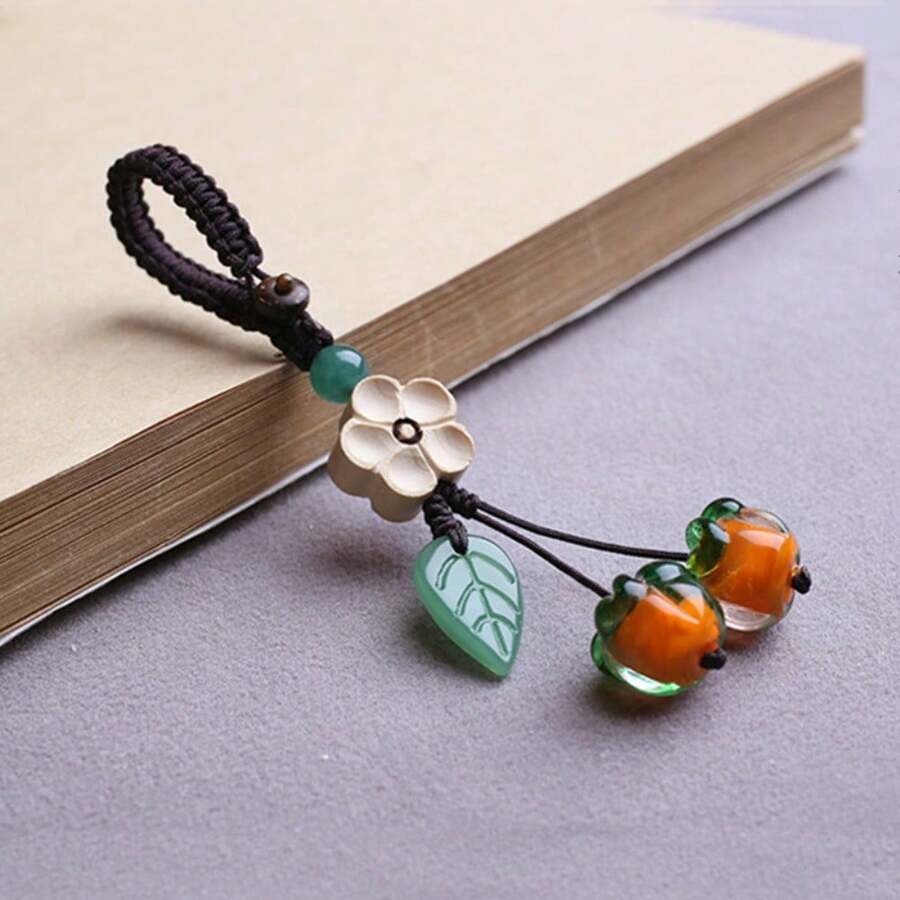 Persimmon Ruyi Glazed Persimmon Retro Beautiful Girl Glazed Persimmon Leaf Youcheng Keychain Pendant Mobile Phone Chain Jewelry - Móc khóa - Xem 1