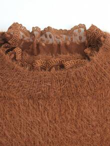 Pull tricoté pour femme, col rond, patchwork en dentelle moelleux de couleur unie, manches longues élégantes et décontractées, idéal pour les saisons de printemps et d'automne - Couleur café - Voir 3
