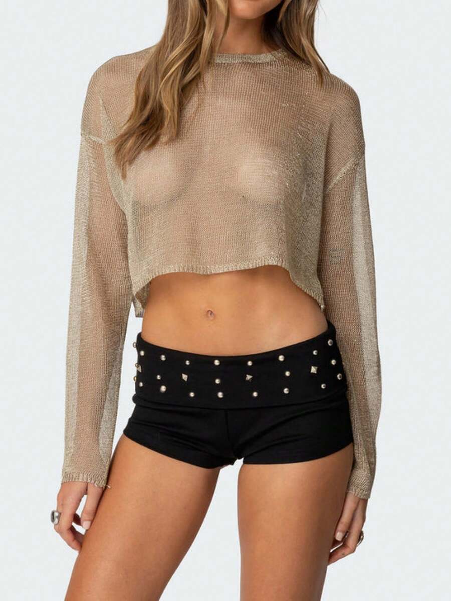 Women Studded Fold Over Shorts Y2k Low Waist Rivet Micro Shorts Slim Fit Boyshorts Goth Rave Mini Bottoms Party Clubwear - Black - View 1