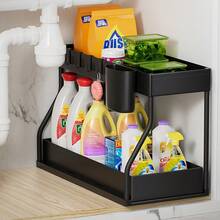 [Space-Saving Sink Organizer] Large Capacity Double Layer Pull-Out Sink Storage Rack Organizer | Space-Saving Under-Sink Shelf For Kitchen & Bathroom, Durable Plastic/Metal Design Holds 10-12 Inch Pipes, Black/White, Compact Design, Sturdy Construction, Apartment Dwellers - White - View 12