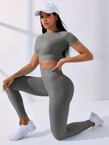 Women's Sports Suit 2-Piece Yoga Top Yoga Pants Set Women's Sportswear Round Neck Medium Stretch, Solid Color Four Seasons Sportswear, Fitness