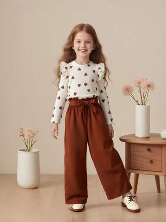 Conjunto casual de 3 piezas para niñas con blusa de manga larga de cuello redondo con estampado floral + pantalones con volantes en la cintura + cinturón, adecuado para uso diario, vacaciones, fiestas, escuela, bodas, Acción de Gracias y otras ocasiones, primavera/otoño