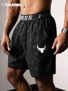 Boyfriend-Stil Herren Stier-Muster & Buchstaben Gurtband Lässig Shorts, Fitnessbekleidung, schwarze Gym Shorts, Athletische Shorts Schwarz, Herren Gym Shorts