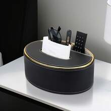 奢华竖条纹 PU 皮革椭圆形纸巾盒，优雅金边餐巾纸分配器 - 彩色 - 查看 11