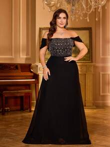 Plus Size Women Rhinestone Patchwork Backless Elegant Chiffon Maxi Prom Dress - Black - View 1