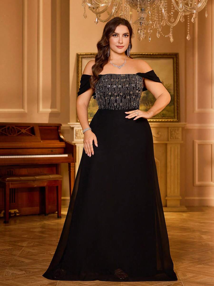 Plus Size Women Rhinestone Patchwork Backless Elegant Chiffon Maxi Prom Dress - Black - View 1