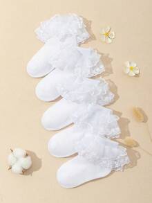 5 Pairs Kids & Little Girls Lace Trim Princess Style Ankle Socks - White - View 6