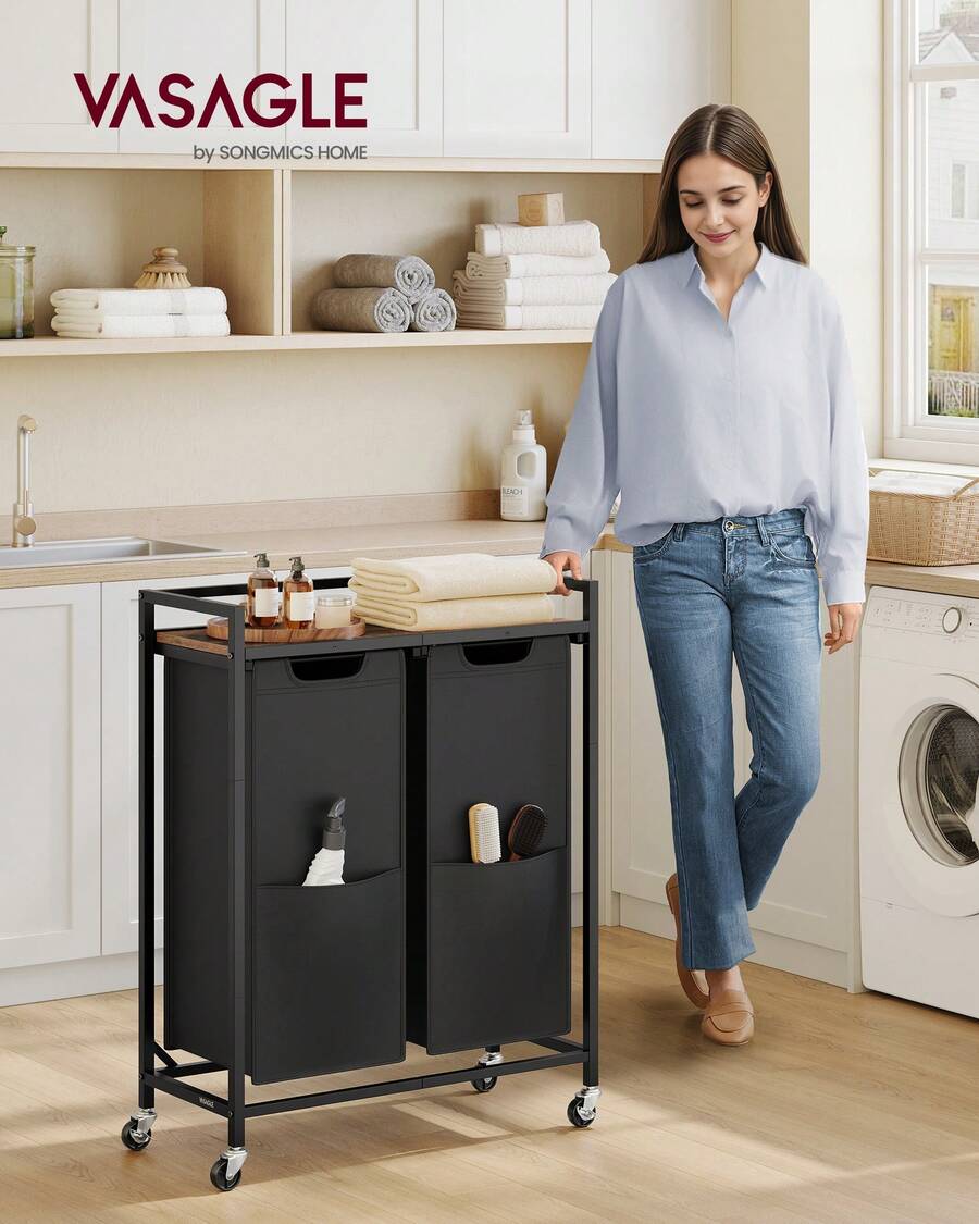 VASAGLE Laundry Hamper, 110 L Laundry Basket Cart With 2 Compartments, Storage Shelf, Wheels, Ink Black And Rustic Brown - Black - View 1