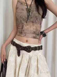 1pc Y2K Decorative Waist Belt, Fashionable Retro Distressed Style Leather Belt For Women, Versatile Accessory