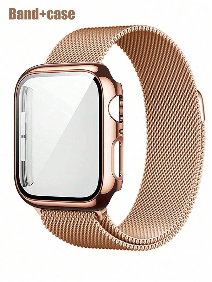 Compatible con la correa y la carcasa del : elegante, suave, transpirable y ajustable. Cuenta con una correa magnética de acero inoxidable trenzada en forma circular y una carcasa de vidrio templado resistente a golpes y arañazos de dos en uno. Compatible con Apple Watch Series Ultra, 11/10/9/8/7/6/5/4/SE, y correas y carcasas de 40/41/42/44/45/46/49 mm. La correa estilo milanés y la carcasa minimalista proporcionan un ajuste cómodo. - Oro rosa - Ver 1