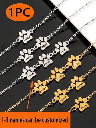 1pc Customizable Cute Dog Paw Name Bracelet, Can Be Custom Engraved With 1-3 Names, Stainless Steel Jewelry, Customizable Bracelets, Bangles, Gifts For Boyfriends, Personalized Pet Print Name Gifts, Birthday Gifts For Pet Owners, Men's/Women's Custom Bracelets, Name Bracelets, Custom Necklaces, Personalized Gifts, Touching Keepsakes, Fashion Accessories, Custom Name Bracelets, Charm Bracelets