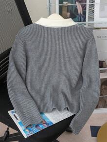 秋冬學院風拼色蝴蝶結領長袖刺繡女款開襟針織外套，街頭風 - 深灰色 - 查看 8