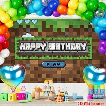 Pancarta plana 2D de estilo de píxeles para fondo de fiesta de cumpleaños, adecuada para fiesta de cumpleaños, pancarta de mesa de pastel, fotomatón, decoración de fondo de fiesta de juegos de dibujos animados