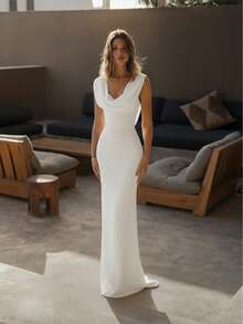 Basrey Đầm maxi đuôi cá màu trắng trơn thanh lịch, thắt eo, cổ chữ V, hở vai, thích hợp cho đám cưới, tiệc tùng và các dịp trang trọng mùa xuân. - trắng - Xem 5