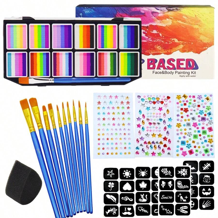 12-Compartment Removable Face & Body Paint Kit With 11 Brushes, 3 Adhesive Jewel Stickers, 4 Makeup Templates, 1 Makeup Sponge, Easy To Clean And Draw Any Pattern, Suitable For Stage Performance, Halloween, Rainbow Party, Makeup Party, Festival Celebration - Multicolor - View 1